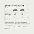 Información nutricional NATIVIO: luteína 36mg, zeaxantina 4mg, betacaroteno 7mg y vitamina E 60UI por porción de 2 cápsulas blandas.