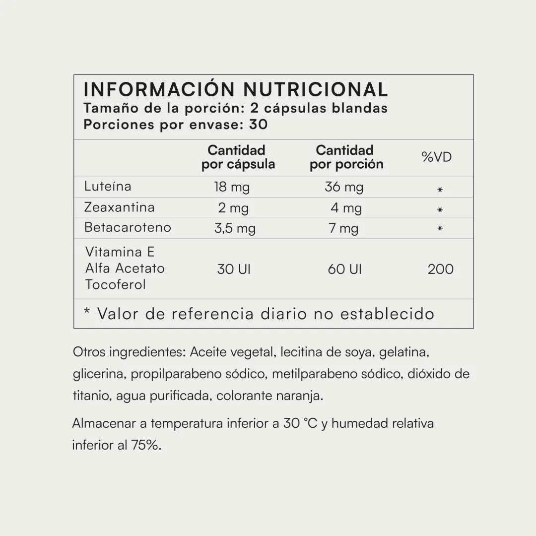 Información nutricional NATIVIO: luteína 36mg, zeaxantina 4mg, betacaroteno 7mg y vitamina E 60UI por porción de 2 cápsulas blandas.